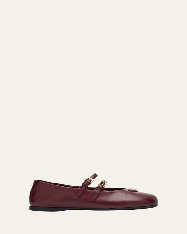 Nappa Leather Double-Strap Triangle Logo Ballerina Flats